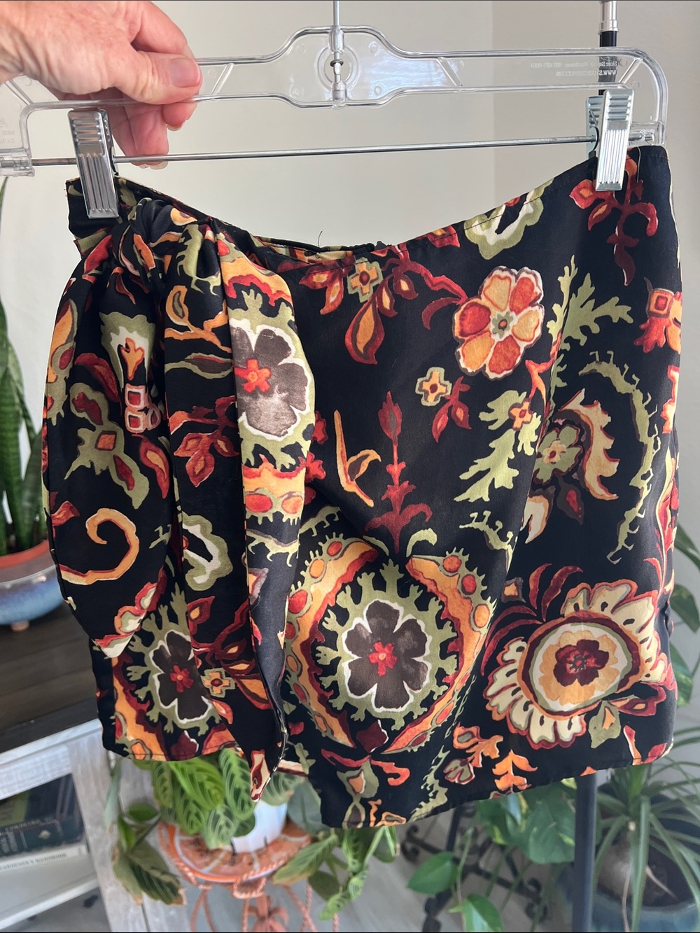 Zara Black Floral-Print Wrap Mini Skirt with Orange and Green Accents